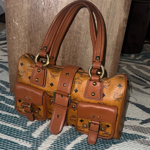 MCM Cognac Logo Double Pocket Satchel in Tan - Picture 3 of 13